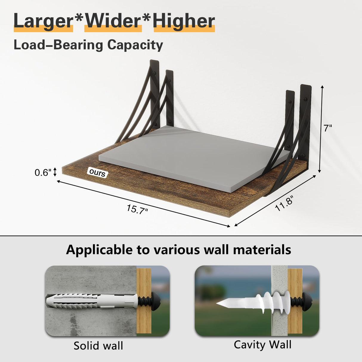 MXCSE Deep Floating Shelves for Wall, 12 Inch Deep Wall Shelves, Floating Shelves for Wall Storage Decor, Wide Floating Bookshelf for Living Room, Kitchen, Office, Bedroom (Brown, 16Wx12D) MXCSE