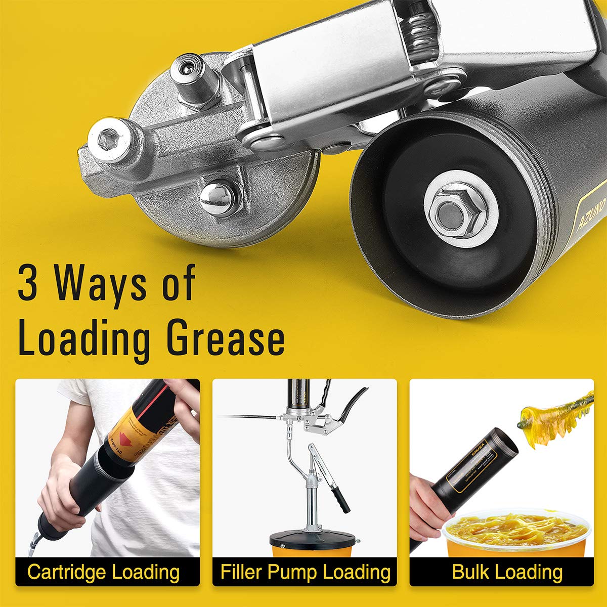 AZUNO Pistol Grip Grease Gun, 6500 PSI Heavy Duty Grease Guns with Flex Hose, Metal Extension, Professional Coupler and Sharp Nozzle AZUNO