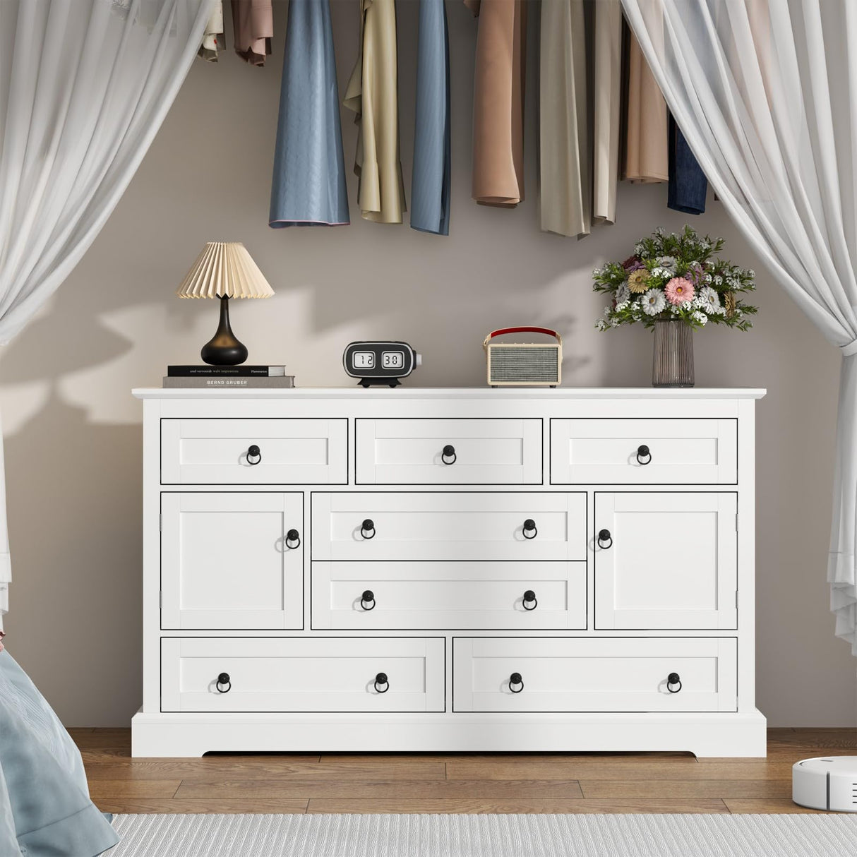 Gyfimoie Farmhouse 7 Drawer Dresser for Bedroom, 52 Inch White Chest of Drawer Dresser with Doors, Storage Dressers Organizer Cabinet for Bedroom, Living Room and Hallway Gyfimoie
