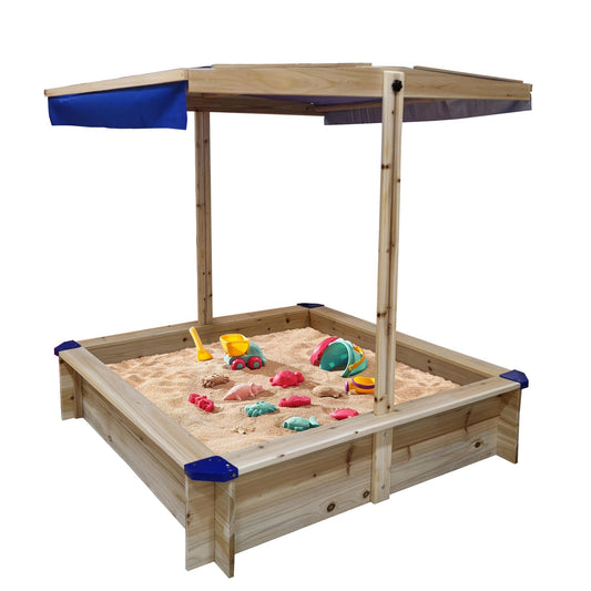 Veemuaro Wooden Kids Sandbox, Outdoor Wooden Sandpit with with Adjustable Canopy, Sandbox for 3-7 Age Boy or Girl, Backyard, Garden, Beach or Patio