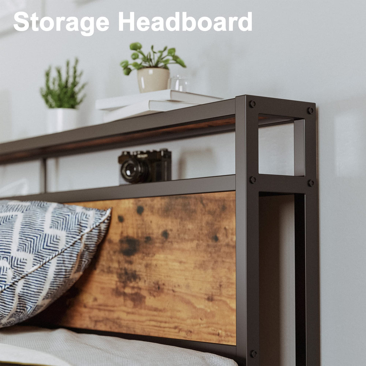 Stunning LIKIMIO King Bed Frame with Storage Drawer & Charging Headboard in Vintage Brown LIKIMIO