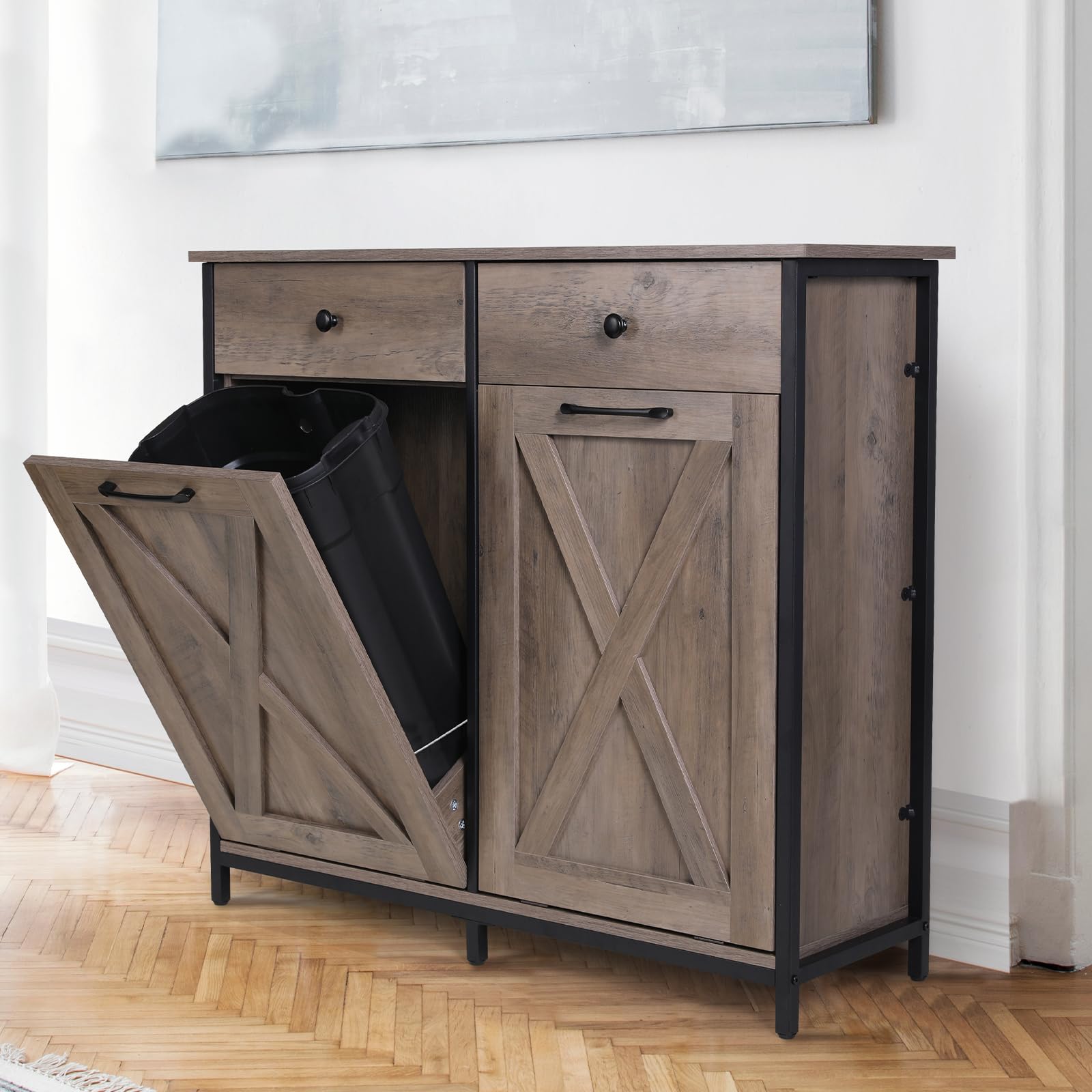 Arlopu Double Tilt Out Trash Cabinet, 20 Gallon Pet Proof Kitchen Pull Out Recycle Cabinet, Freestanding Wooden Laundry Sorter Cabinet, W/Drawer, Barn Door, for Home, Living Room, (Greige) - WoodArtSupply