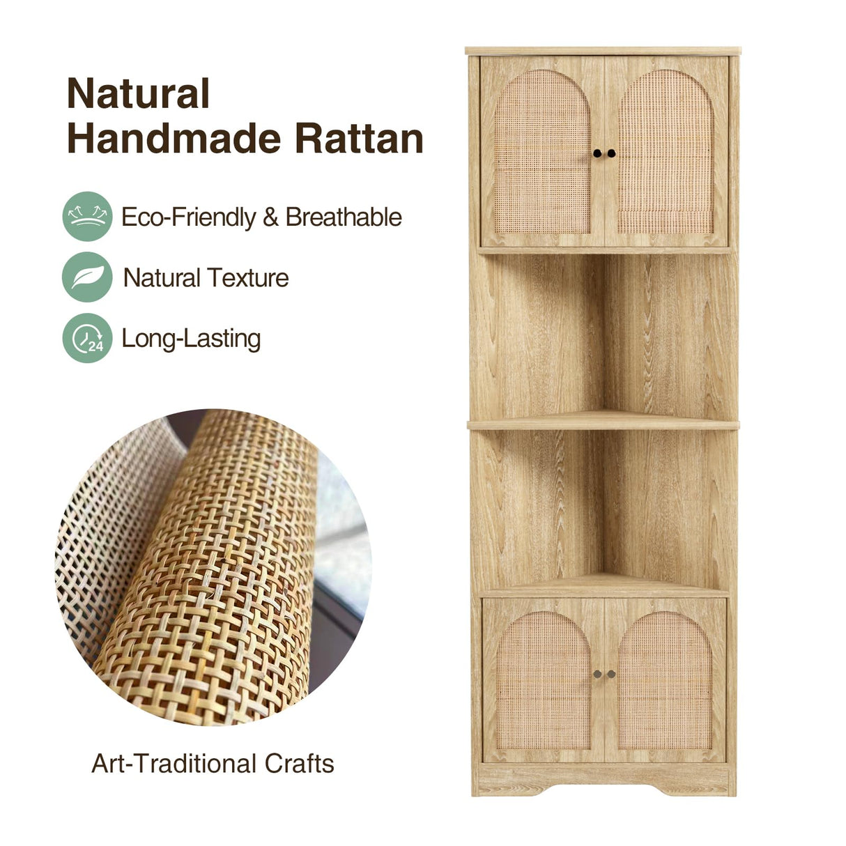 FiveWillowise 67''H Tall Corner Cabinet with Handmade Rattan Door, Rattan Storage Cabinet with Adjustable Shelves, Corner Bookshelf Space Saver for Barthroom, Kitchen, Natural FiveWillowise