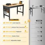CAMMOO 48" Adjustable Heavy Duty Workbench, 2000 LBS Load Capacity Rubber Wood Work Table with Pegboard, Power Outlets, Work Bench for Garage, Workshop, Office, Home, Commercial CAMMOO