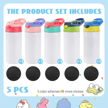 Joyclub 5 Pack Kids Sublimation Tumbler with Lid and Straw 12 oz Kids Sublimation Water Bottles Stainless Steel Sublimation Cups for DIY Insulated Tumbler Heat Press Print