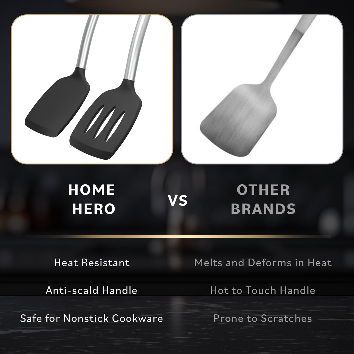 Home Hero Silicone Spatula Set with Ergonomic Handles - Stainless Steel High Heat Resistant Solid & Slotted Turner, BPA Free Non Stick Kitchen Utensils Set - Rubber Spatula (2 Pcs - Black) Home Hero
