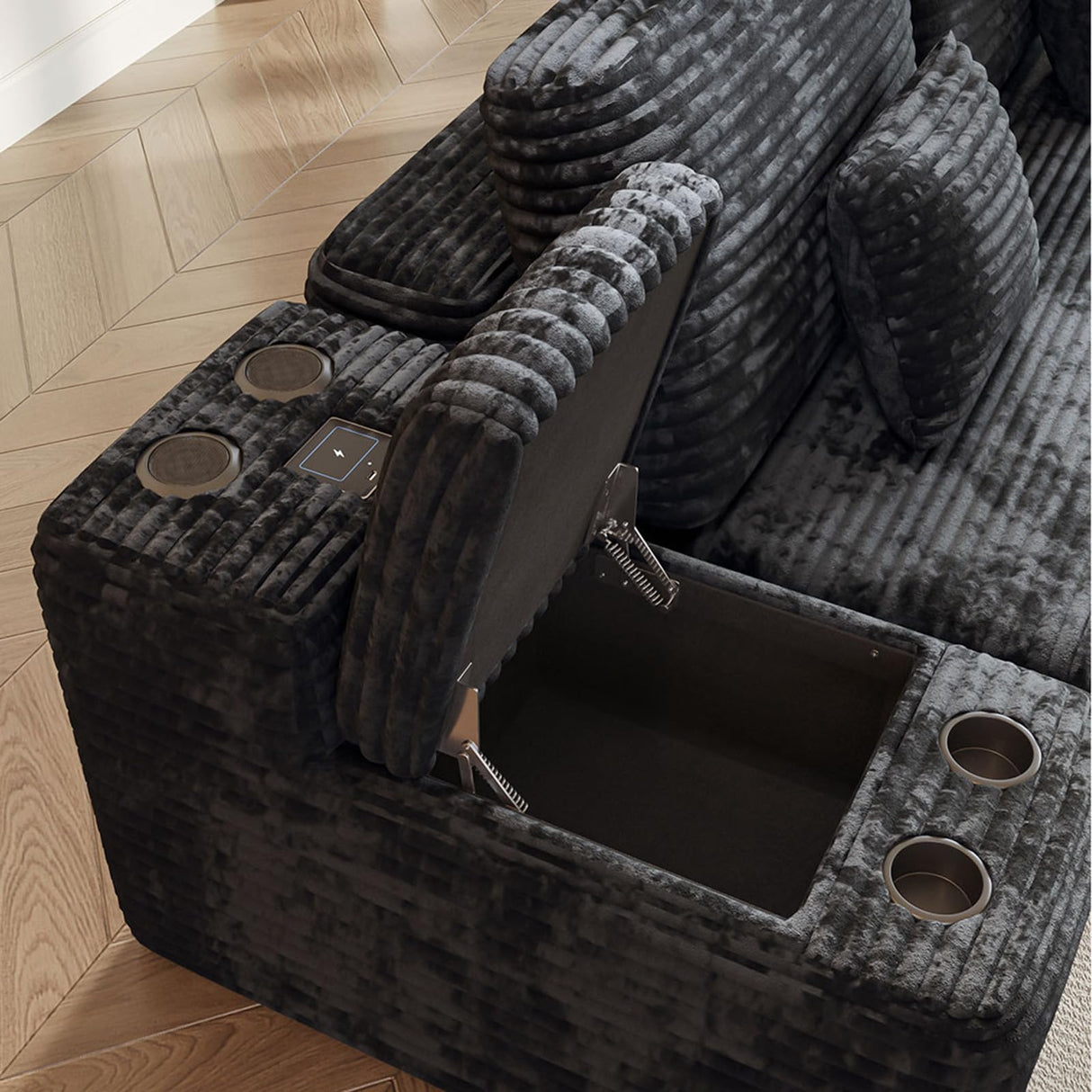 ONEMMLION Cloud Couch Sectional Modular Sofa, 151" Comfy Boneless Couches for Living Room, Oversized U Shape Plush Corduroy Couch Sectional with Console Bluetooth Speaker USB Port Cup Holder, Black ONEMMLION