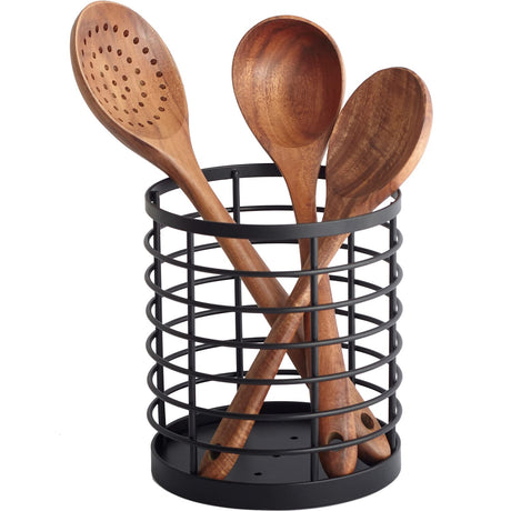 WDT Tool Utensil holder for Kitchen Counter - 5.2" x 5.2" x 6" Large Round Utensils Holder with Wooden Base Matte Black Cooking Utensil Holder，Kitchen countertop Utensil Organizer (Metal) WDT Tool