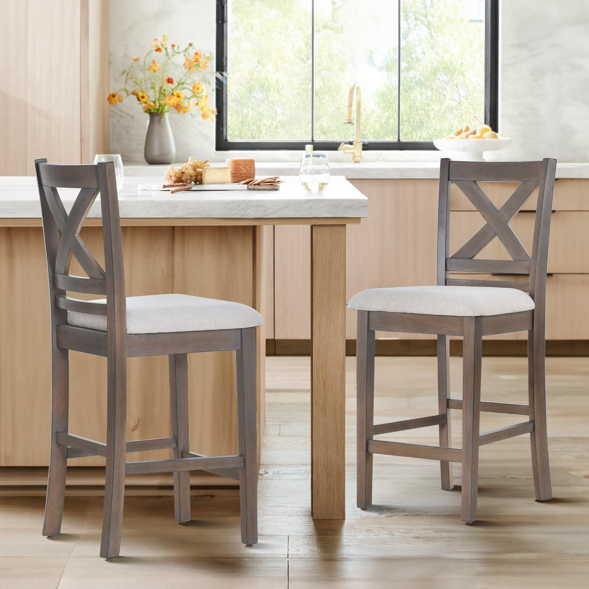 COLAMY Wooden Bar Stools Set of 2, Counter Height Bar Stools, Mid Century Modern Bar Stools with Backs, 25 Inch Upholstered Fabric Wooden Barstools for Kitchen Island Dining Room Bar, Light Brown Wash COLAMY