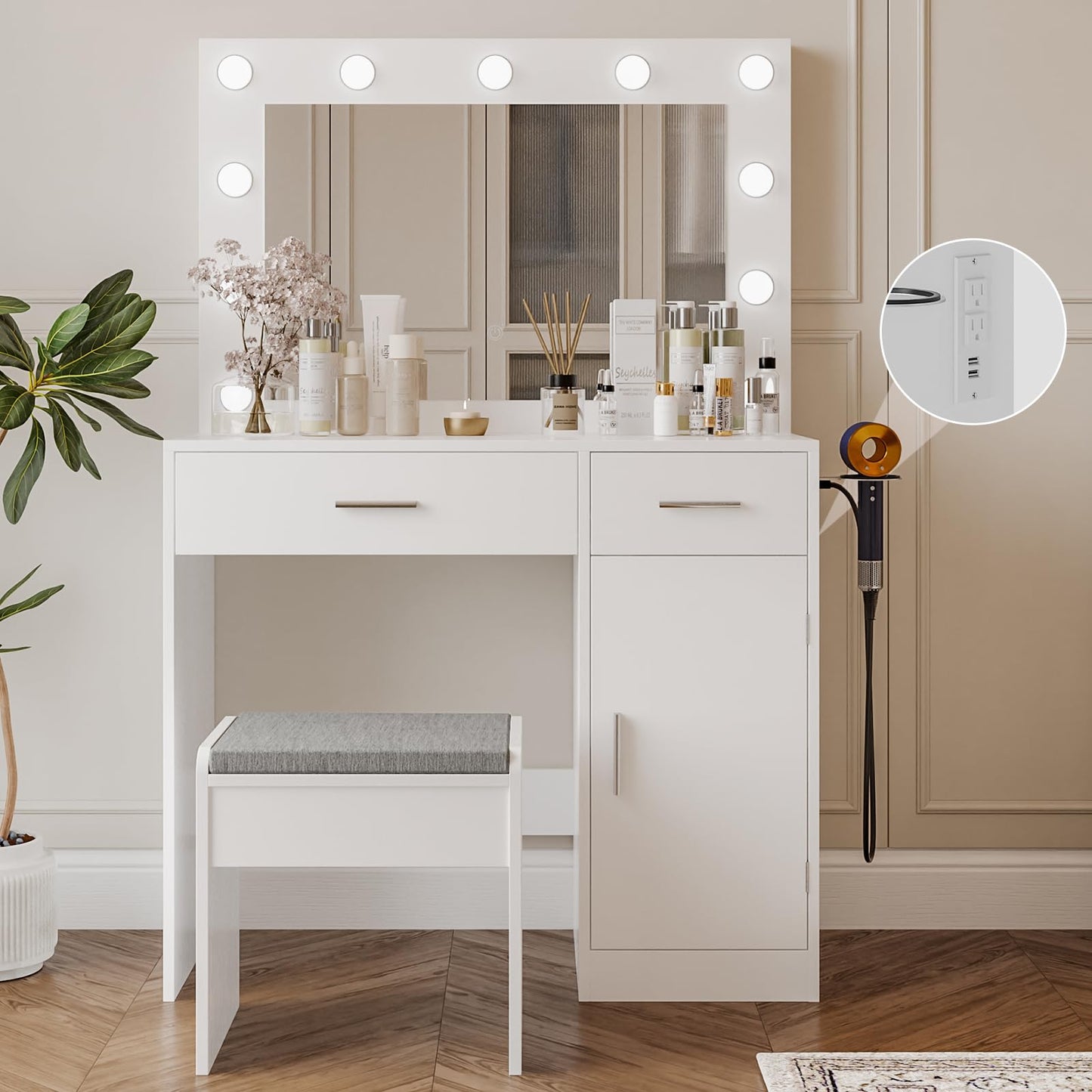 Viaozutis Vanity, Vanity Desk with Mirror, Large Drawer and Power Socket with 11 Light Bulbs and 3 Adjustable Lighting Modes, Vanity Table Ideal for Bedroom (White)