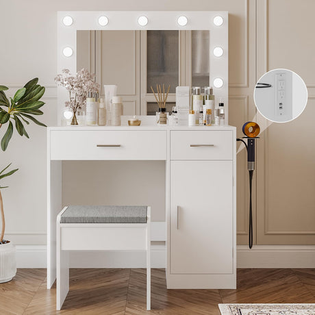 Viaozutis Vanity, Vanity Desk with Mirror, Large Drawer and Power Socket with 11 Light Bulbs and 3 Adjustable Lighting Modes, Vanity Table Ideal for Bedroom (White) Viaozutis