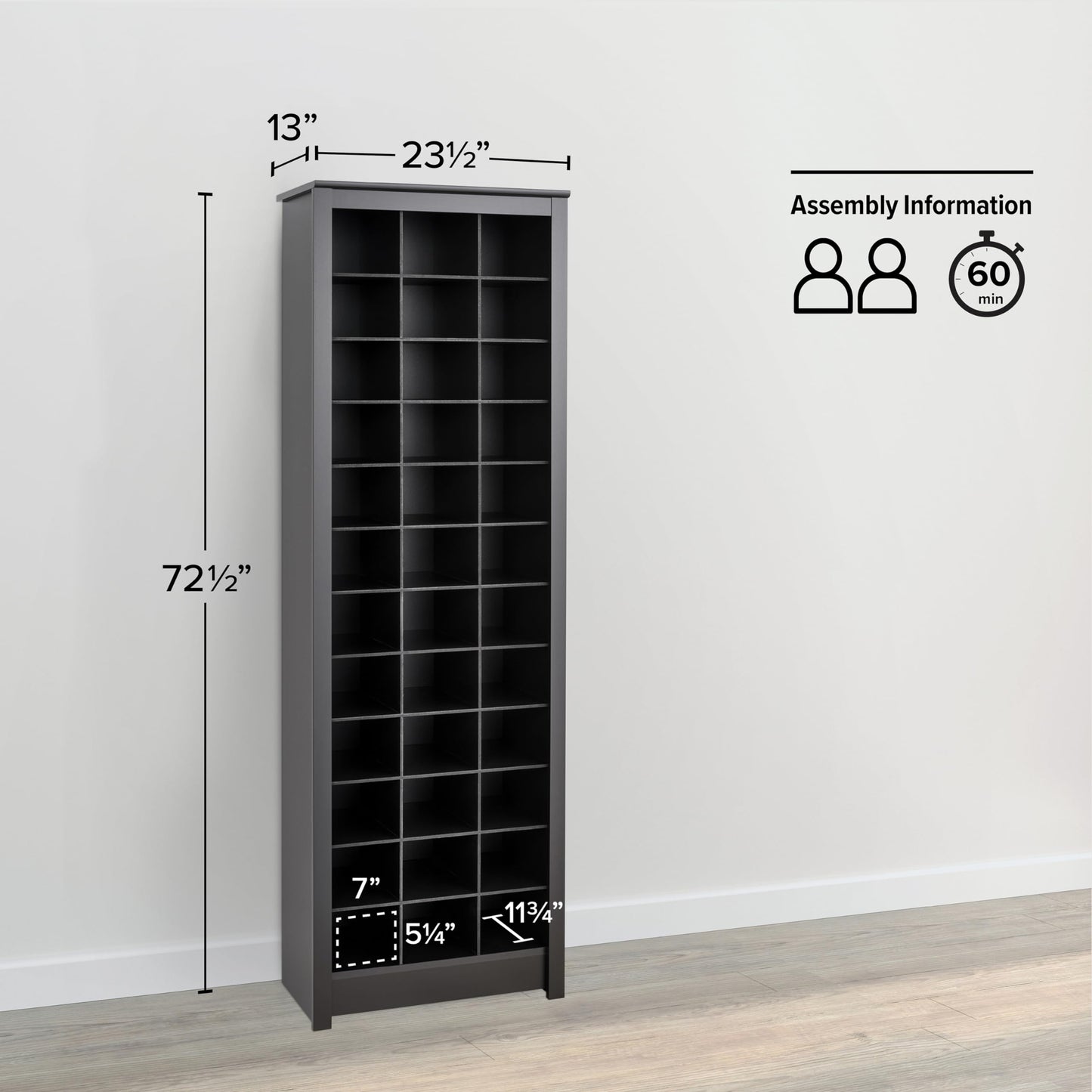 Prepac Elegant Black Shoe Storage Cabinet, Space-Saving Solution with Cubbies for 36 Pairs, 13"D x 23.5" W x 72.5" H - WoodArtSupply