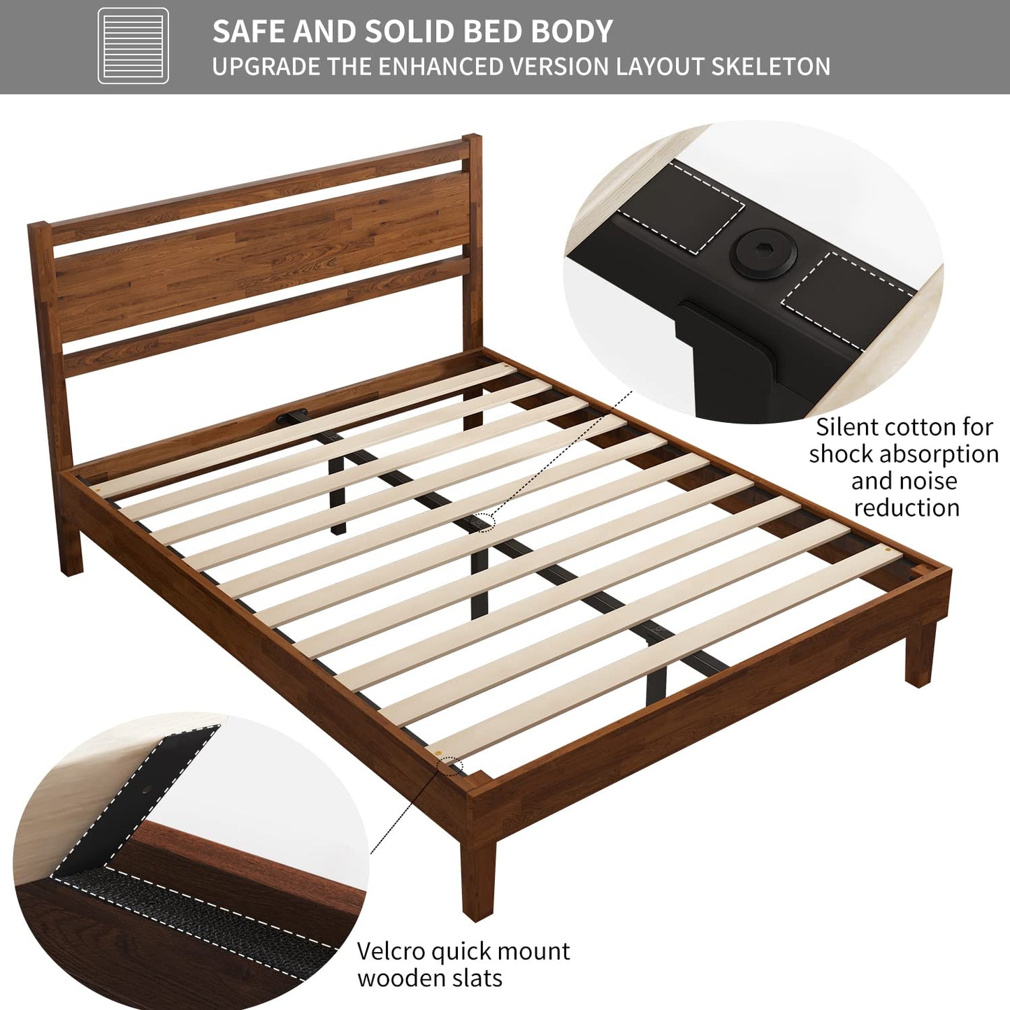 Crisinant Retro Brown King Wood Bed Frame with Headboard and Strong Slat Support - WoodArtSupply