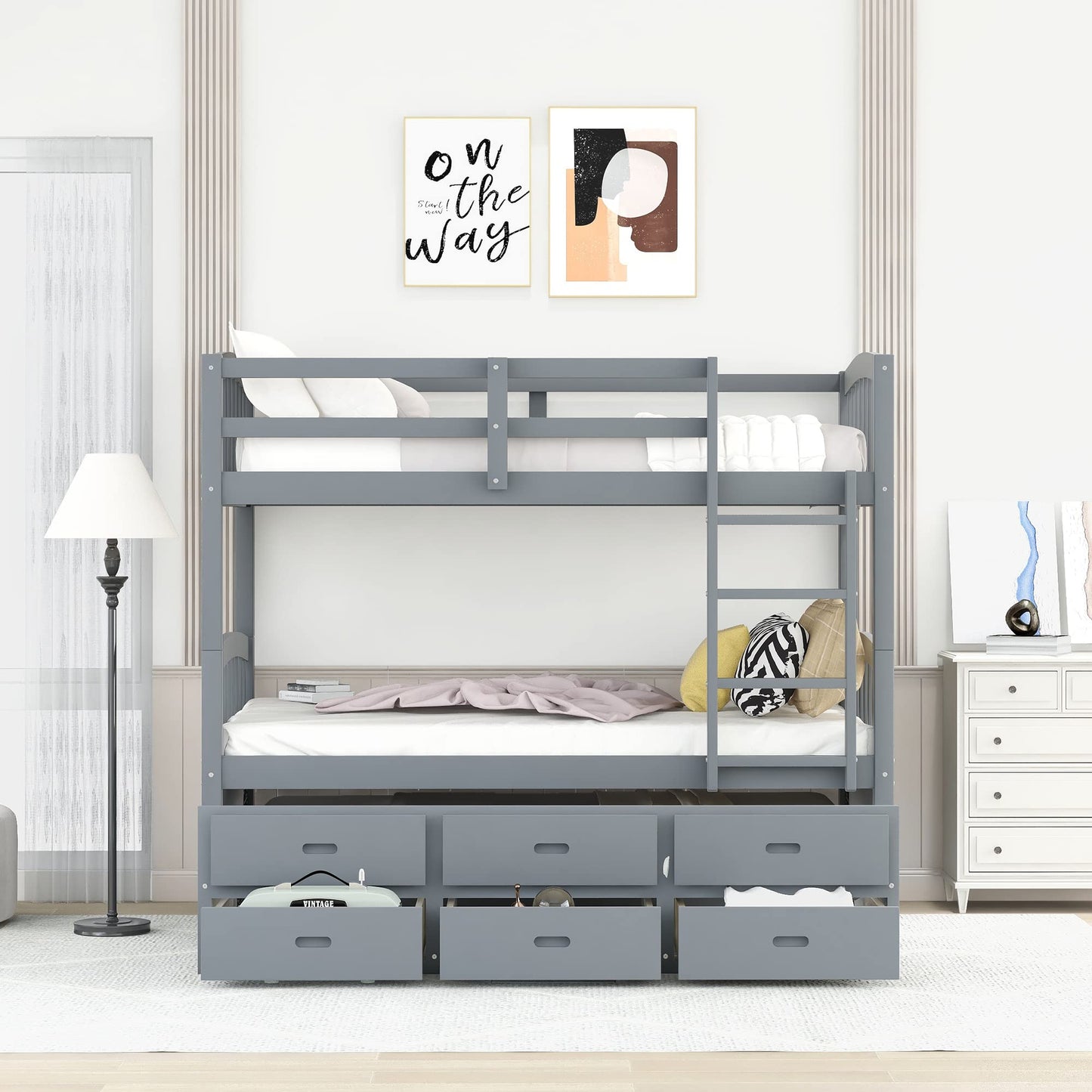 Harper&Bright Designs Twin Over Twin Bunk Bed with Twin Trundle Bed, 3 Storage Drawers, Safety Rail, and Ladder for Bedroom, Guest Room Furniture, Grey