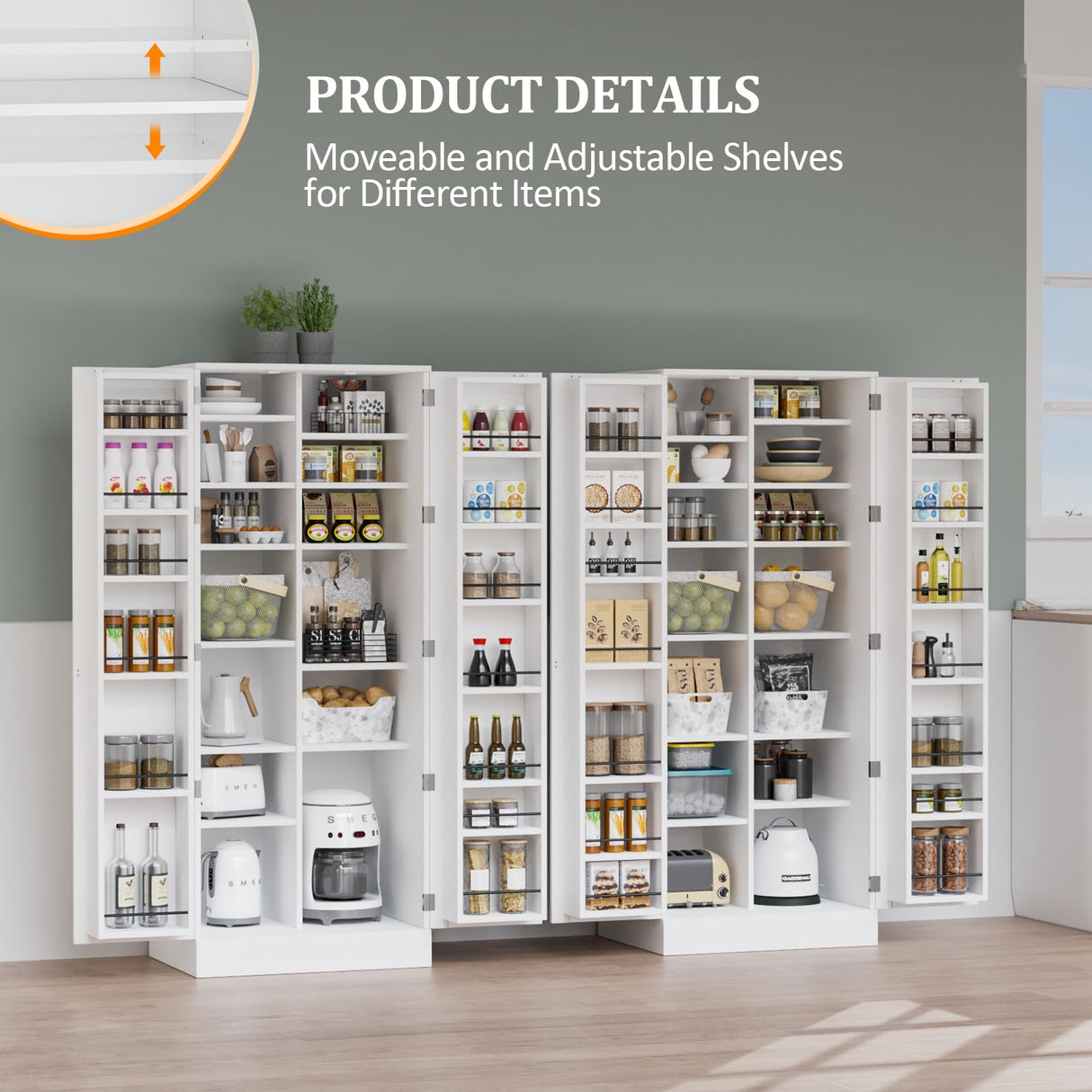 VINGLI Pantry Cabinet,59" Tall White Kitchen Storage Cabinet with 2 Doors and Adjustable Shelves, Food Storage Freestanding Cupboard for Small Space in Dining Room, Living Room VINGLI