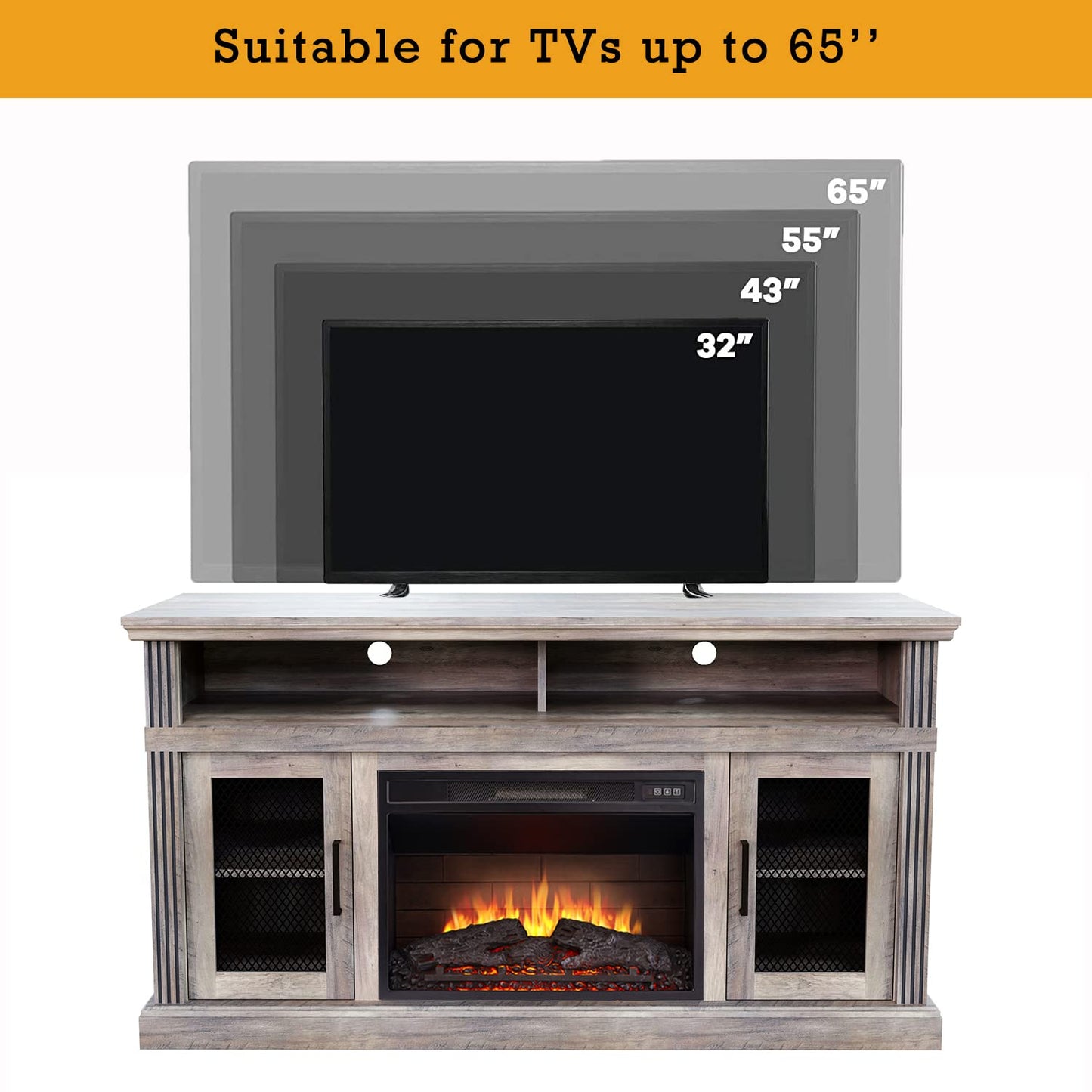 Cheerway 3D Fireplace TV Stand for TVs up to 65’’, Wooden Media Entertainment Center Table & TV Cabinets w/ 6 Storage Shelves & Barn Door, Electric Fireplace w/Remote Control & Adjustable Flame