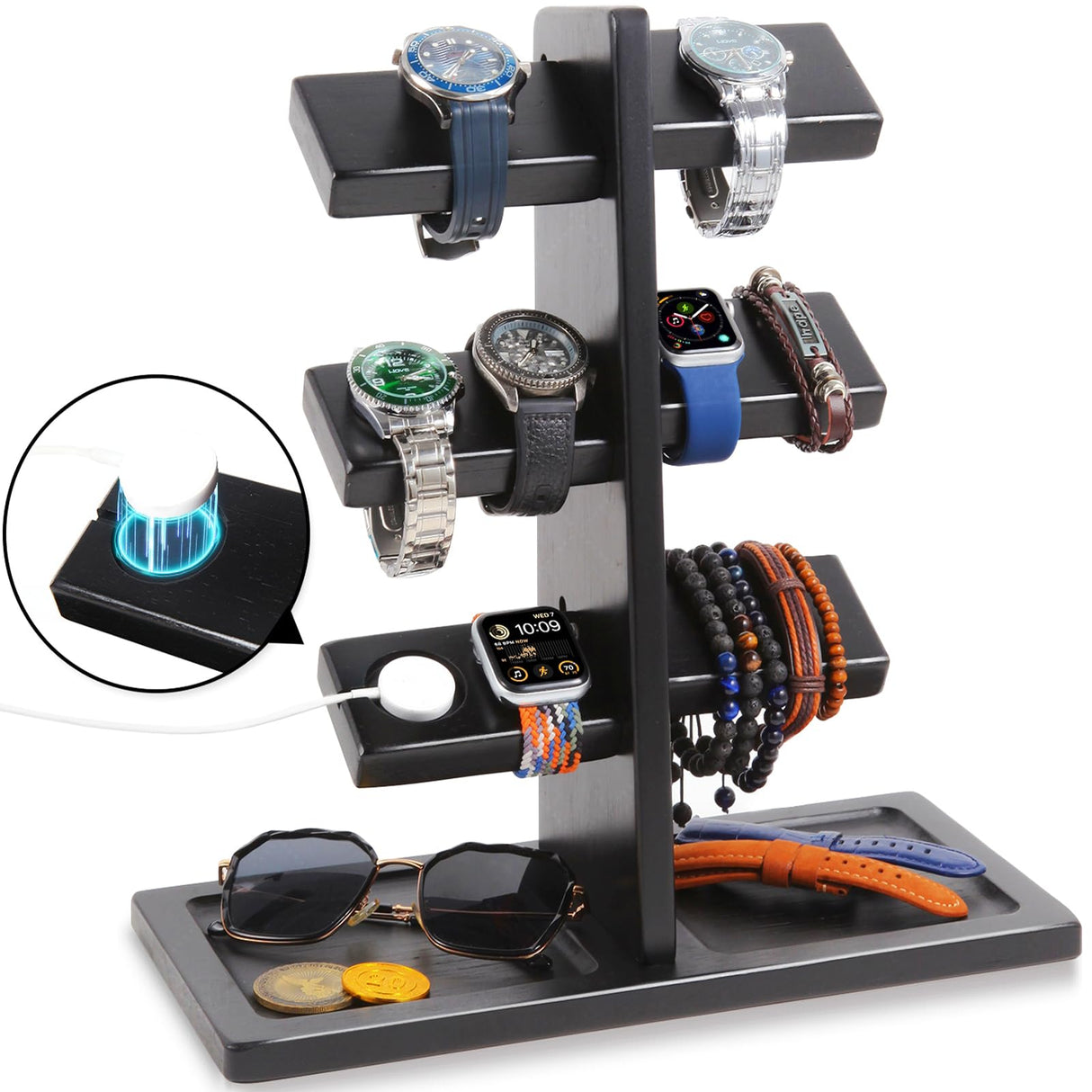 Xnwouco Watch Stand for Men, Watch Display Stand with Charger Groove, Wooden Watch Holder Stand, Jewelry Holder Organizer for Rings, Jewelry, Coins Bracelets, Great Gifts for Men Women, Black Xnwouco
