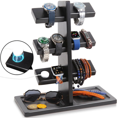 Xnwouco Watch Stand for Men, Watch Display Stand with Charger Groove, Wooden Watch Holder Stand, Jewelry Holder Organizer for Rings, Jewelry, Coins Bracelets, Great Gifts for Men Women, Black Xnwouco