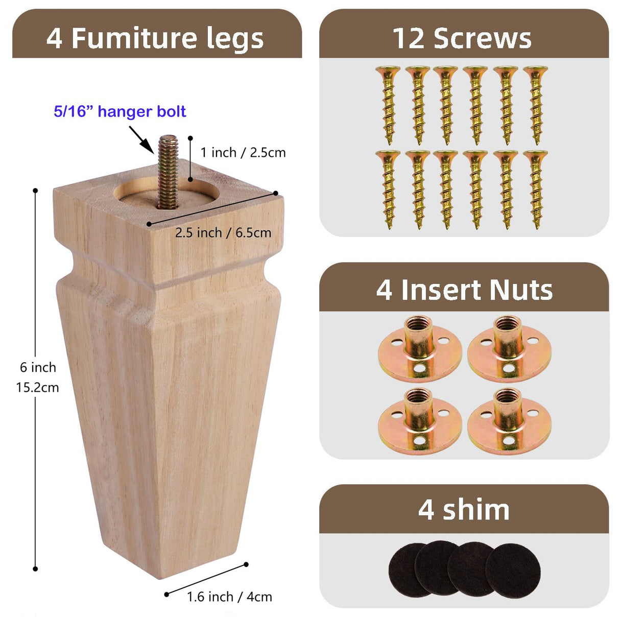 Square Wood Furniture Legs Set of 4 - Wooden Replacement Feet for Couch, Bed, Bench, Dresser, Rubber Wood Parts for Table, Sofa, Wooden Legs Chairs Complete with Installation Hardware, 6 inch Natural Texphw
