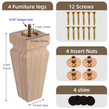 Square Wood Furniture Legs Set of 4 - Wooden Replacement Feet for Couch, Bed, Bench, Dresser, Rubber Wood Parts for Table, Sofa, Wooden Legs Chairs Complete with Installation Hardware, 6 inch Natural Texphw