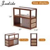 Furlide Rattan Side Table with Storage, Bamboo Nightstand Bedside Table, Glass Mid Century Modern End Tables for Small Spaces, Living Room, Bedroom，Walnut Furlide