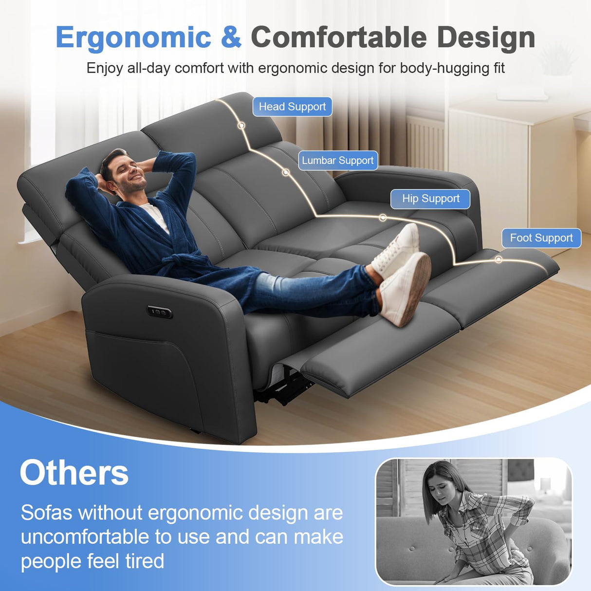 Duitrc Power Loveseat Recliner Sofa, Electric Reclining Loveseat with Adjustable Headrest, Extended Footrest, USB Type-C Ports, Grey PU Leather 2 Seater Reclining Couch for Living Room, RV, Office Duitrc