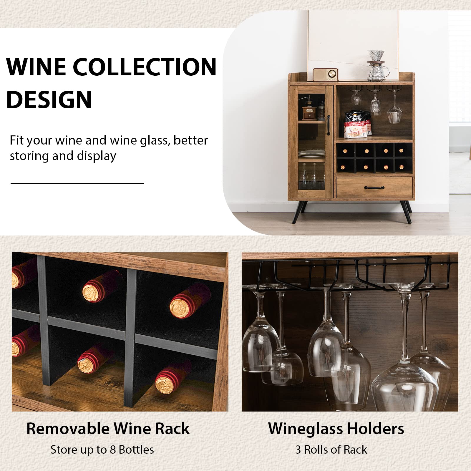 Giantex Bar Cabinet with Wine Rack, Coffee Bar Buffet Cabinet with Storage, Drawer, Glass Holder, Cupboard Wood Sideboard for Wine Bottle, Liquor, Farmhouse Kitchen Dining Room Furniture - WoodArtSupply