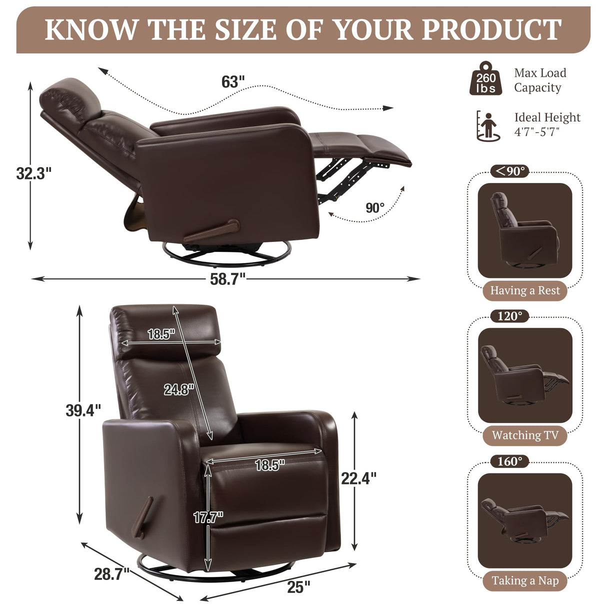 Neioml Swivel Rocking Recliner Chair for Small Space, Manual Swivel Glider Recliner for Nursery,RV,Rocking Recliner with Footrest and Side Pocket,Breathable Leather,Dark Brown Neioml