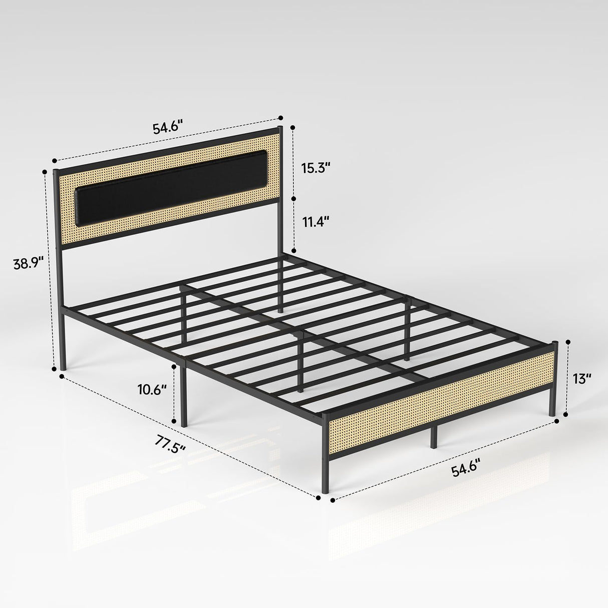 RESLLOWE Rattan Style Bed Frame Full Size Metal Platform Frame with Soft Leather Sponge Wrapping Headboard, Solid and Stable, Noise Free, Suitable for Bedroom RESLLOWE