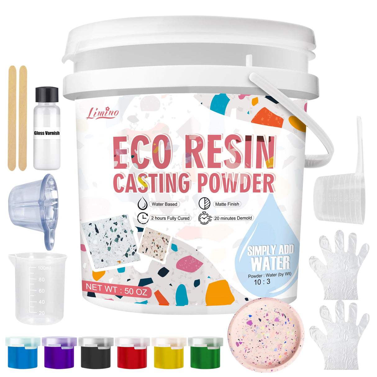Eco Resin Casting Powder - 1400g Ceramic Resin Powders Kit with 6pcs Pigments, Fast Curing, Easy to Demold, Water Mixed Activated - Toxic-Free, Odorless - Plaster Casting Kit for DIY Home Art Crafts Limino