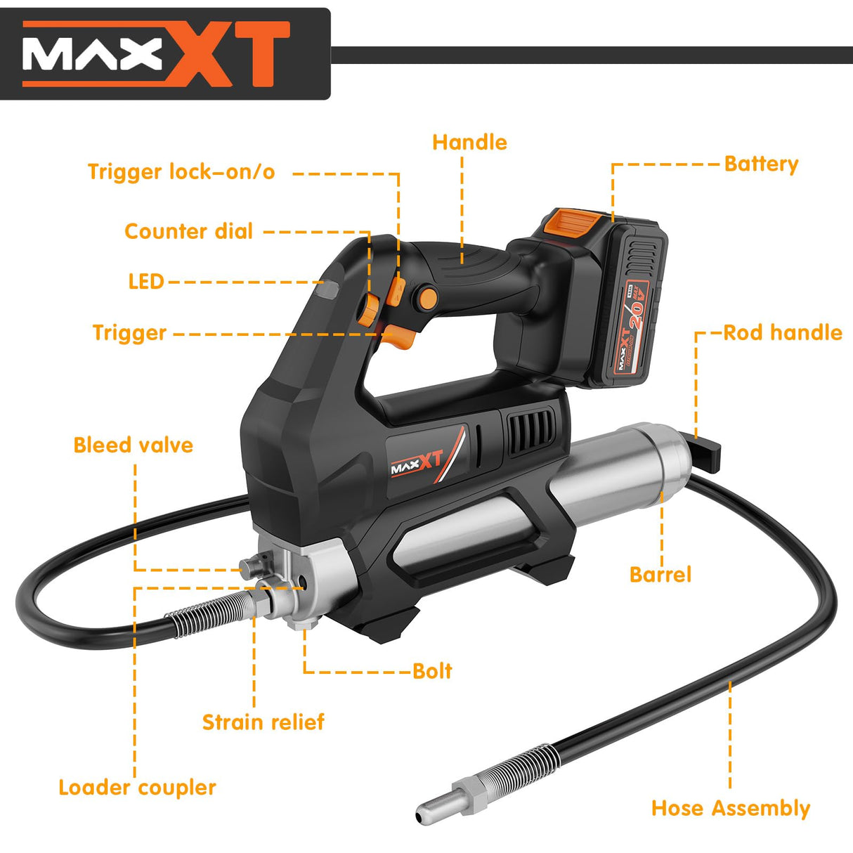 MAXXT Heavy Equipment Grease Gun Cordless, Max 20000 PSI 20V Grease Gun Battery Powered with 4.0Ah Battery and Quick Charger, 40” Long Hose and LED Light, 6 Speed Electric Grease Gun MAXXT