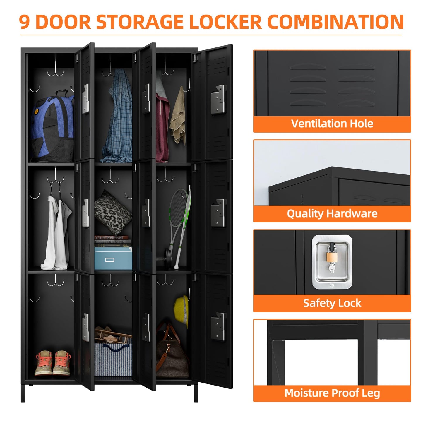 Aobabo 9 Doors Metal Storage Locker Cabinet for Employees, Storage Locker for School Office Gym Bedroom, Industrial Steel Storage Locker with 18 Hooks, Black, Assembly Required - WoodArtSupply