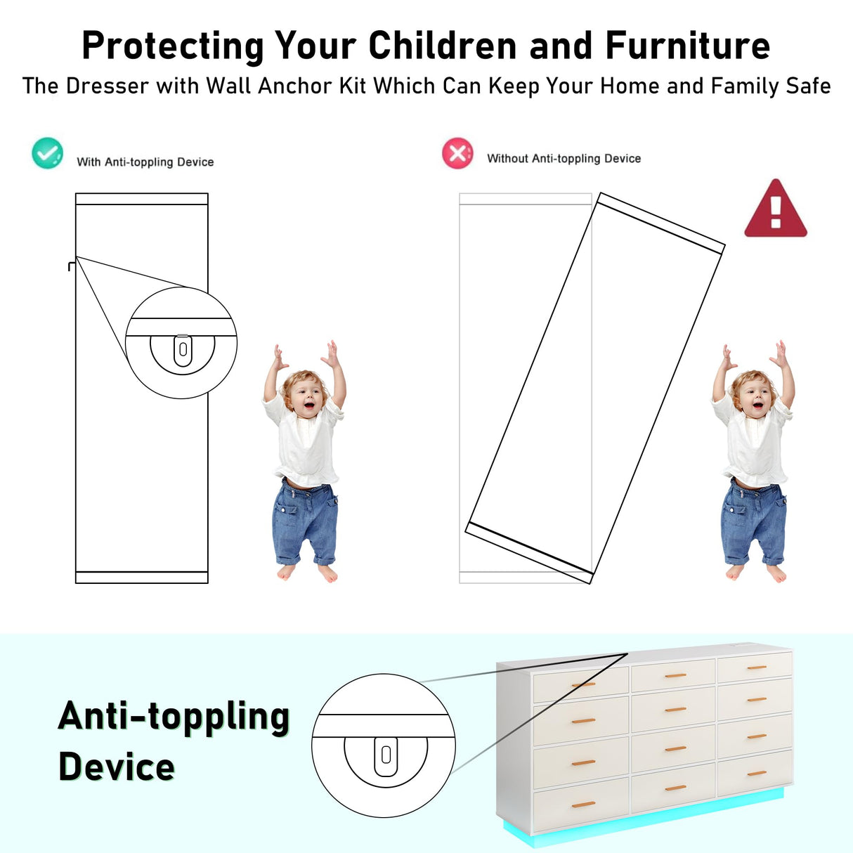 chartustriable 12 Drawers Dresser w/Power Outlet,60000-Colors Lights for Bedroom,63" Long Wooden Dresser Chest W/Anti-toppling Design,Metal Handles of Drawers for Living Room,Hallway, Entryway(White) chartustriable