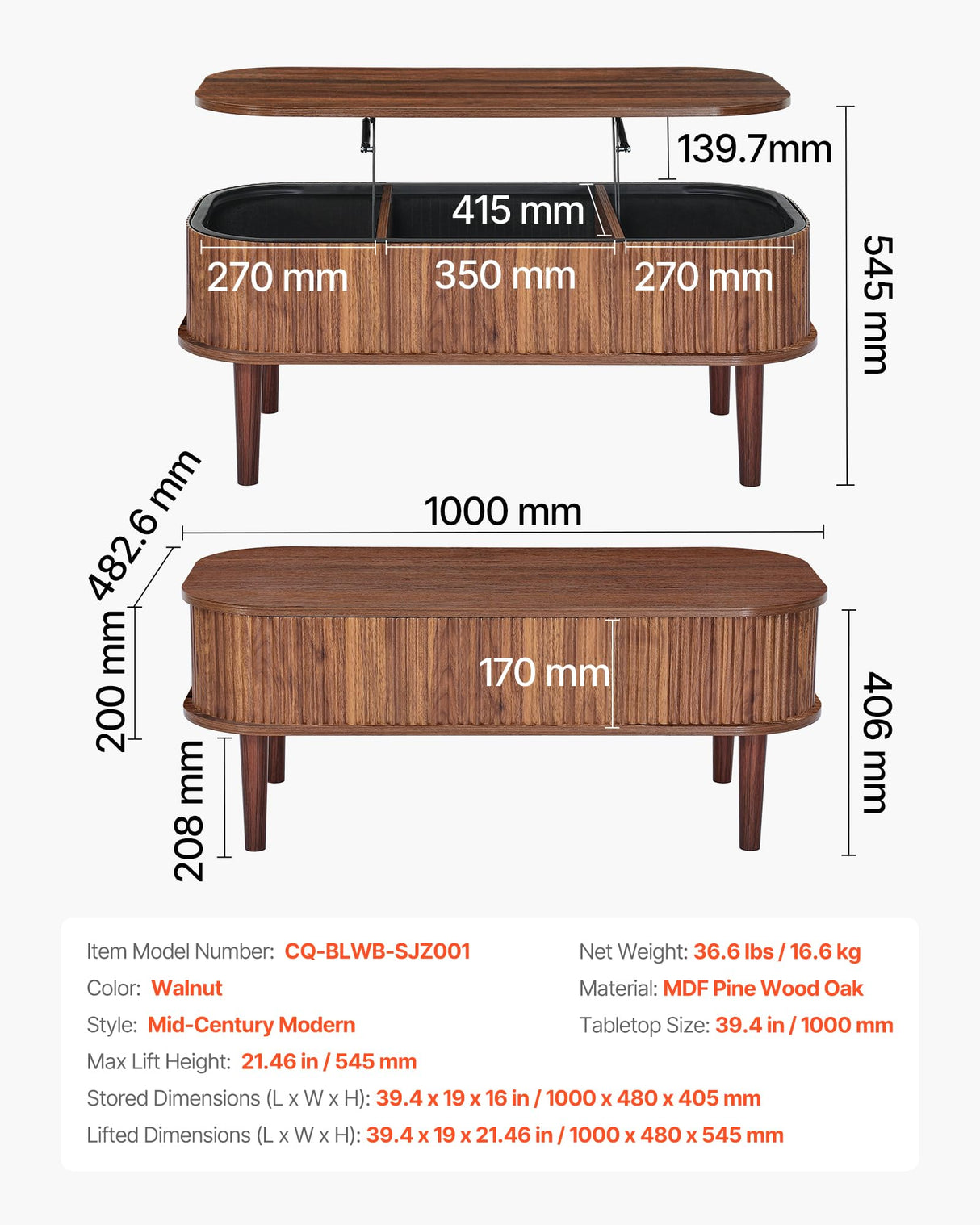 VEVOR Fluted Lift Top Coffee Table, Oval Walnut Coffee Table with 3 Hidden Compartment, Mid Century Modern Wood Center Table with Storage, Lift up Tabletop for Home Living Room Office, Easy Assembly VEVOR