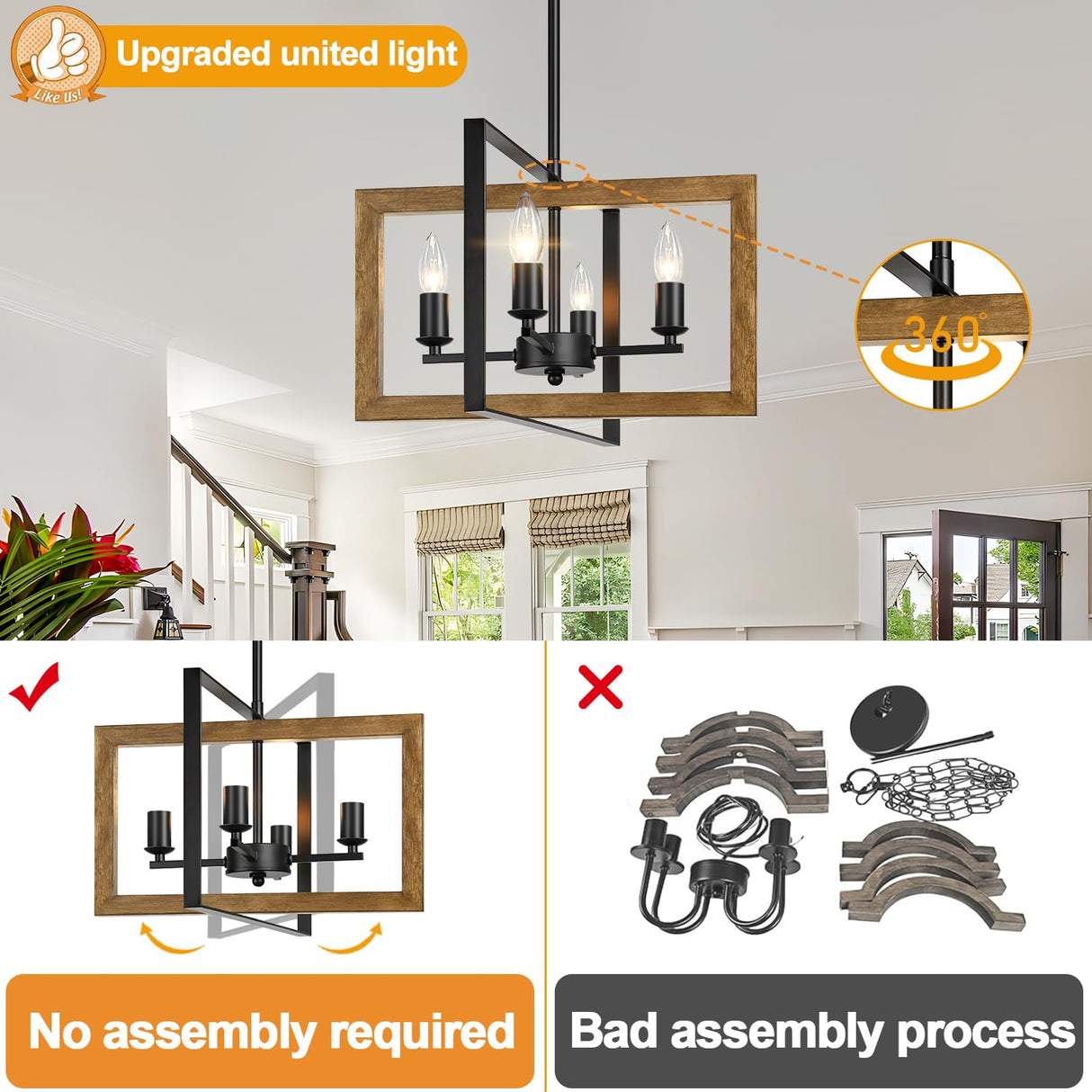 17" Farmhouse Chandelier, 4-Light Rustic Chandelier for Dining Room Light Fixture, Adjustable Wood Hanging Light Fixture for Living Room, Kitchen, Foyer, Bedroom and Entryway Lynnoland