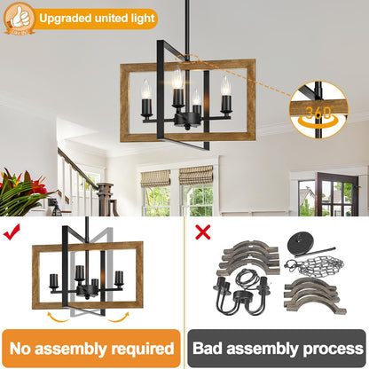 17" Farmhouse Chandelier, 4-Light Rustic Chandelier for Dining Room Light Fixture, Adjustable Wood Hanging Light Fixture for Living Room, Kitchen, Foyer, Bedroom and Entryway