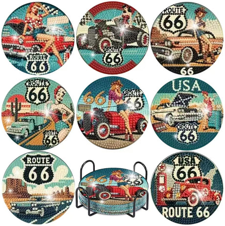 Mrnsiet 8 Pcs Car Diamond Art Coasters Kits for Adults, Highway Landscape Diamond Painting Coaster with Holder, Non Slip Hardwood Bases Coaster Set Gift for Beginners 4x4 Inch Mrnsiet