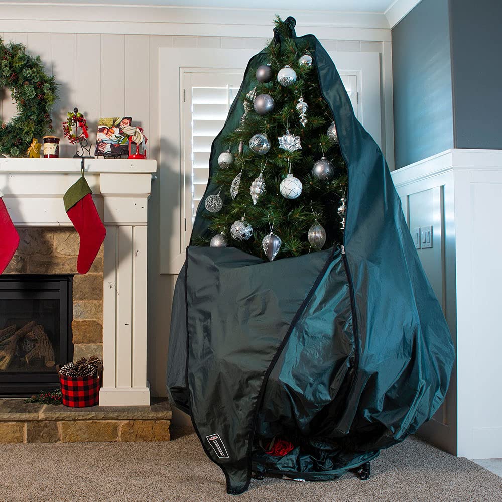 [Upright Tree Storage Bag] - 9 Foot Christmas Tree Storage Bag for Fully Decorated Artificial Trees up to 9 Feet Tall - Keep Your Fake Tree Assembled with Ornaments | Includes Rolling Tree Stand