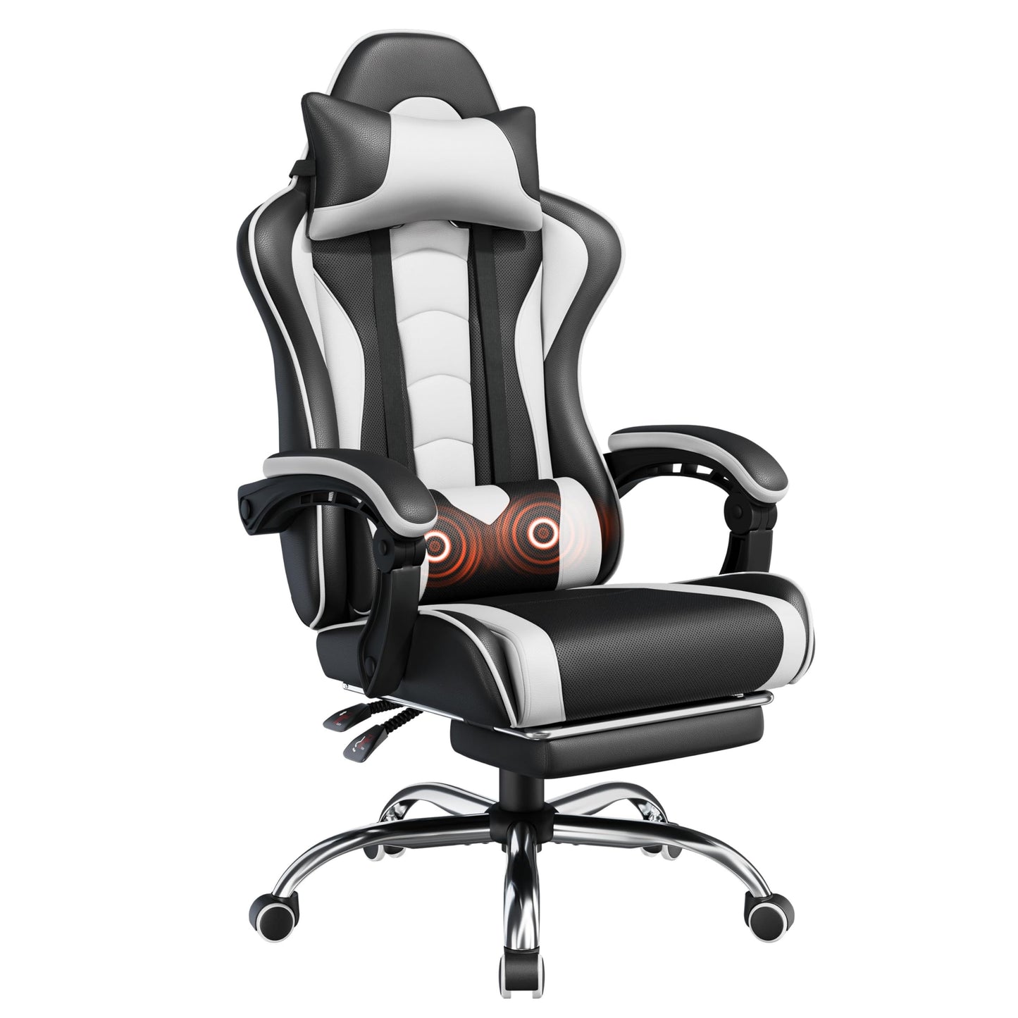 Yaheetech Gaming Chair, Video Game Chair with Massage Lumbar Support and Footrest Height Adjustable Ergonomic Computer Gaming Chair with Swivel Seat and Headrest, Black/White