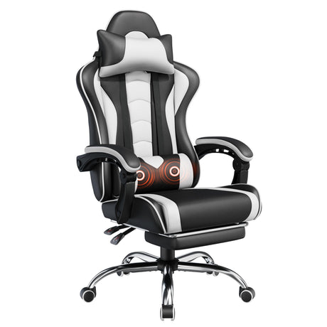 Yaheetech Gaming Chair, Video Game Chair with Massage Lumbar Support and Footrest Height Adjustable Ergonomic Computer Gaming Chair with Swivel Seat and Headrest, Black/White Yaheetech