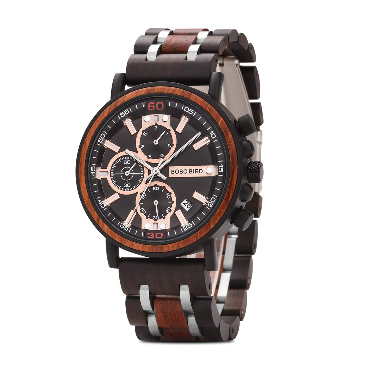 BOBO BIRD S18-1 Mens Wood Watch Stylish Wooden Stainless Steel Combined Chronograph with Luminous Pointers Fashion Timepiece for Men BOBO BIRD