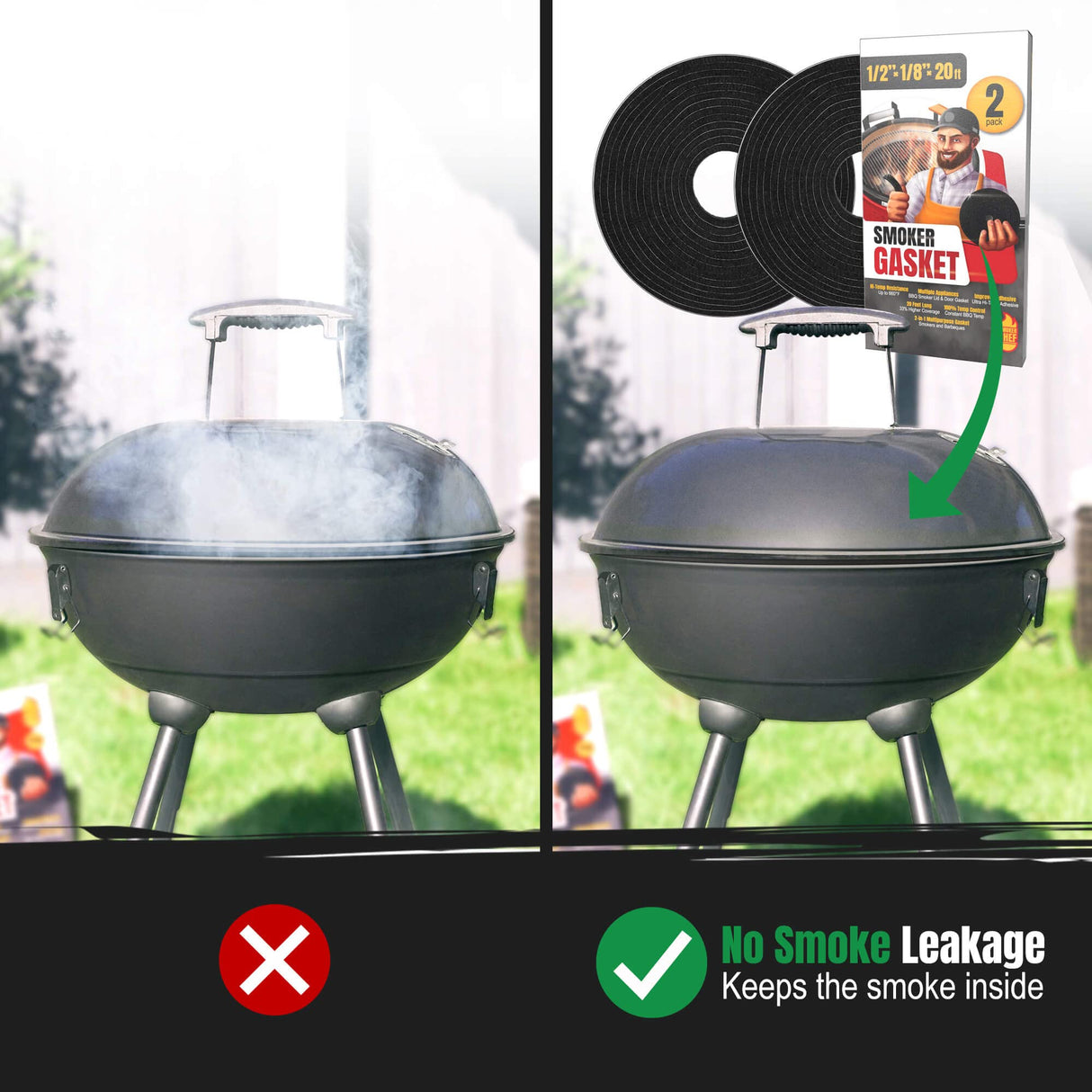 Smoker Chef XXL 20 FT Grill Gasket for Smokers - Black 1/2’’ x 1/8’’ Hi Temp Seal Smoker Gasket – 2-Pack x 10 FT Self Stick Black Nomex Fire Tape for BBQ Lid – High Heat Temperature Material Replace Smoker Chef