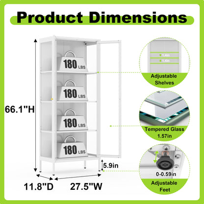 UNICOLY Display Cabinet with Glass Doors, Glass Display Cabinet with Lights, Curio Display Cabinet with 3 Shelves, Metal Storage Cabinet with 3 Color LED Lights for Living Room. White