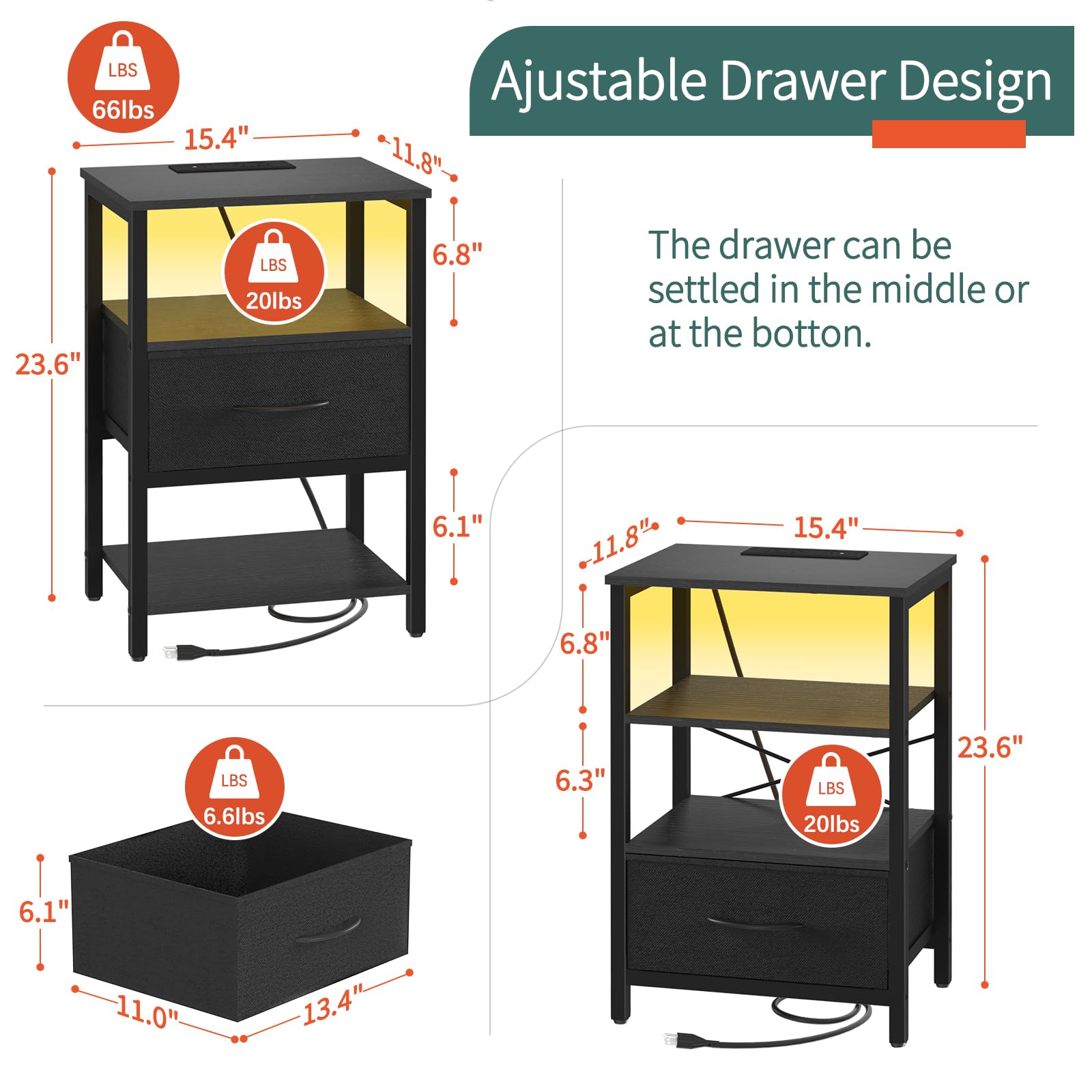 Yoobure Side Table with Storage, LED Night Stand with Charging Station, End Tables Living Room, Nightstand for Bedroom with Adjustable Fabric Drawer, 3-Tier Wood Bedside Table, Black - WoodArtSupply