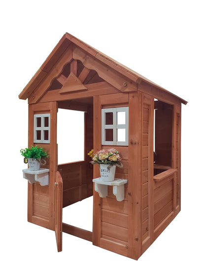 Wooden Playhouse for Age 3-6 Years Boy Girl, Outdoor Cottage Playhouse with Door, 2 Windows, 3 Serving Station, Shelf & Flowerpot Holder, Outdoor