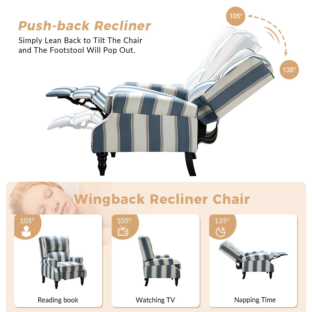 HULALA HOME Upholstered Wingback Recliner Chair, Small Adjustable Footrest Push Back Single Reclining Sofa, Mid Century Modern Lounge Armchair for Living Room, Bedroom, Reading/Stripe Navy HULALA HOME