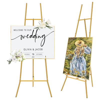 Gold Easel Stand for Sign - Heavy Duty Metal Freestanding Adjustable Display Stand (3-Tier), Large Professional Easel for Paintings, Artwork & Commercial Displays, Durable Exhibition Easel