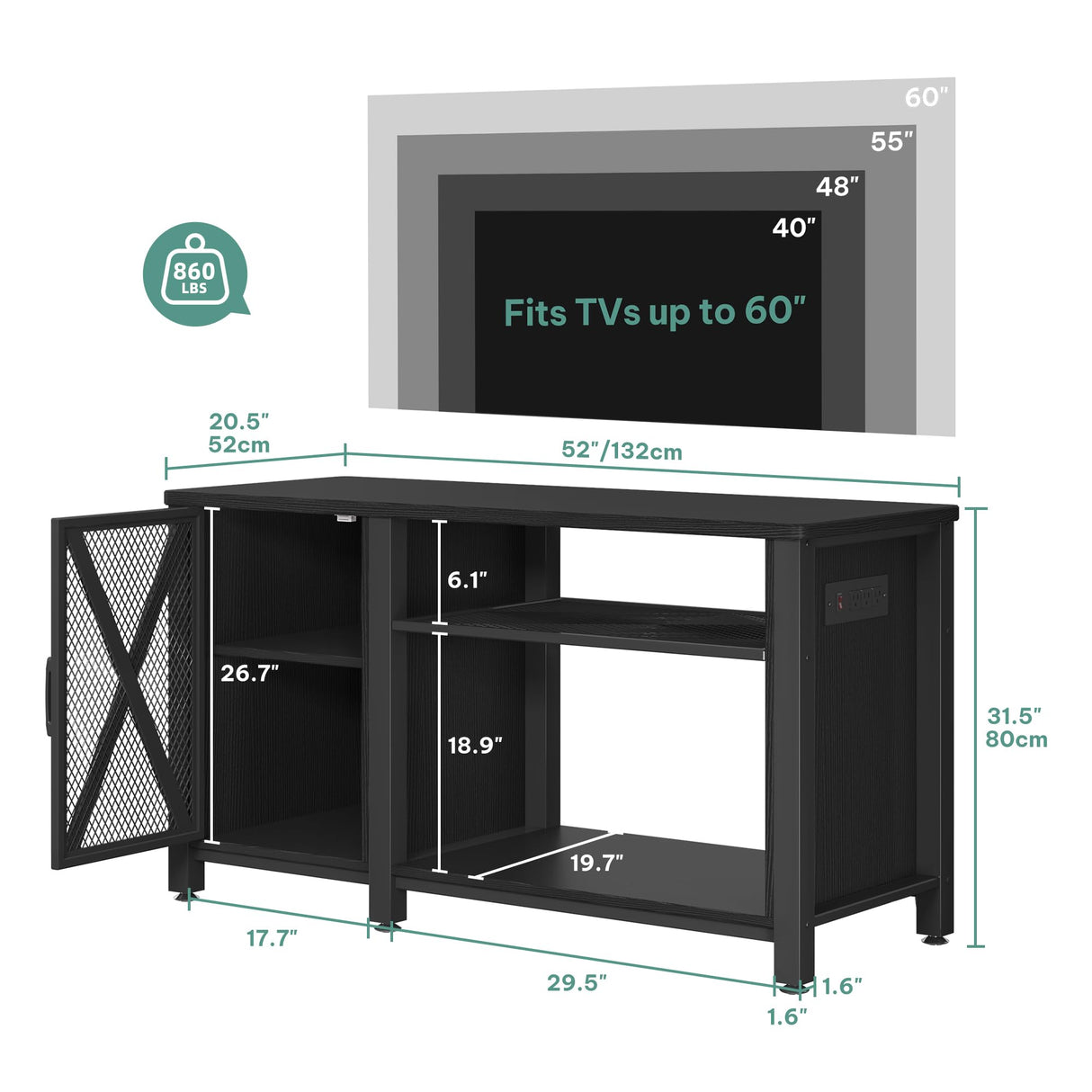 YITAHOME Farmhouse TV Stand for 50/55/60 Inch with Power Outlet, Wooden TV Media Console with Storage Cabinet for 860lbs, Rustic Entertainment Center Table TV Cabinet for Living Room, Black YITAHOME