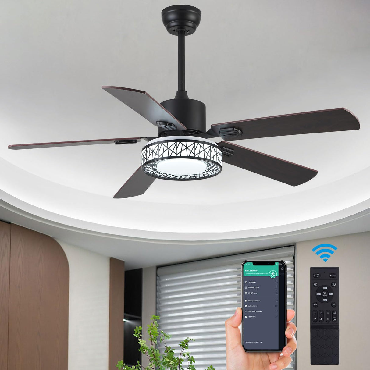 TRSIOPFC 52" Outdoor Ceiling Fan with Lights Remote Control,Dimmable Black Wooden Ceiling Fan with Reversible Quiet Motor 5 Blades 6 Speed For Patio Living Room, Bedroom, Office,Indoor Outdoor TRSIOPFC