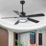 TRSIOPFC 52" Outdoor Ceiling Fan with Lights Remote Control,Dimmable Black Wooden Ceiling Fan with Reversible Quiet Motor 5 Blades 6 Speed For Patio Living Room, Bedroom, Office,Indoor Outdoor TRSIOPFC